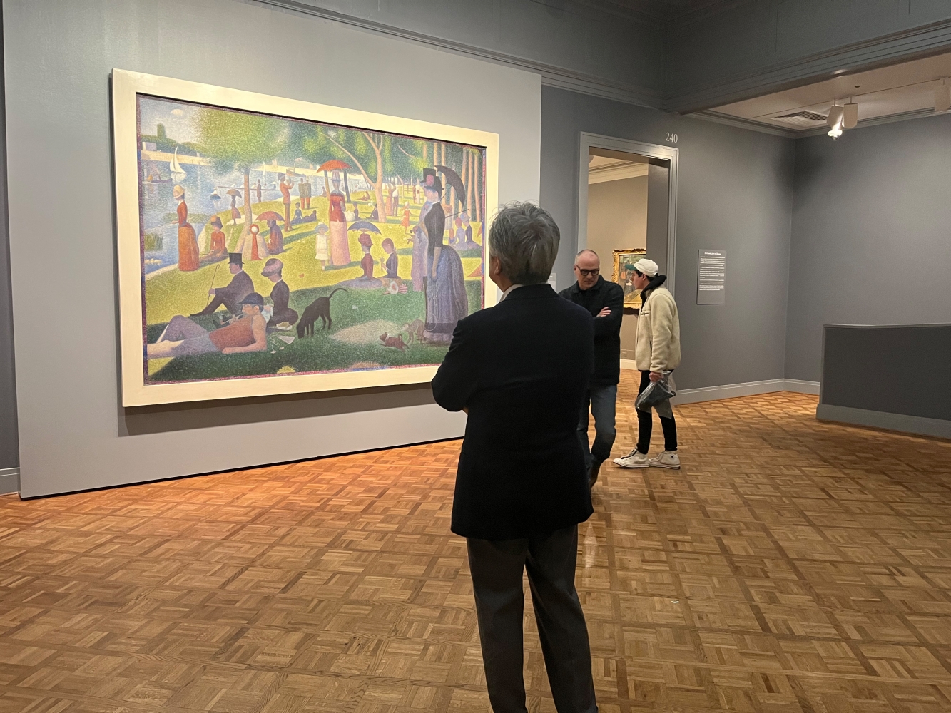 The Art Institute of Chicago is, after all, this work: Seurat&rsquo;s &ldquo;A Sunday afternoon on the island of La Grande Jatte&rdquo;. &nbsp; it is not allowed to leave the museum.&nbsp; It is known for its&rsquo; pointillism. &nbsp;But if you look at it closely, you can see uses of elongated lines to express the texture.